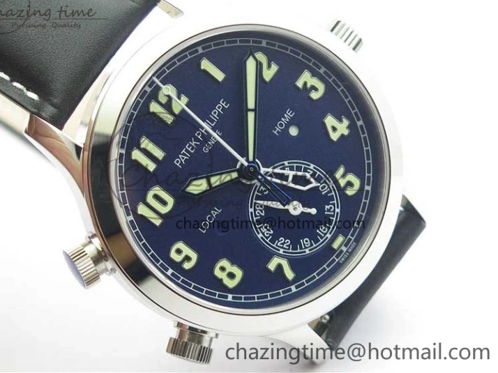 MIROTIME 0404 Practical Calatrava 5524 Pilot Travel Time SS GRF Blue Dial on Black Leather Strap A324 V 7107